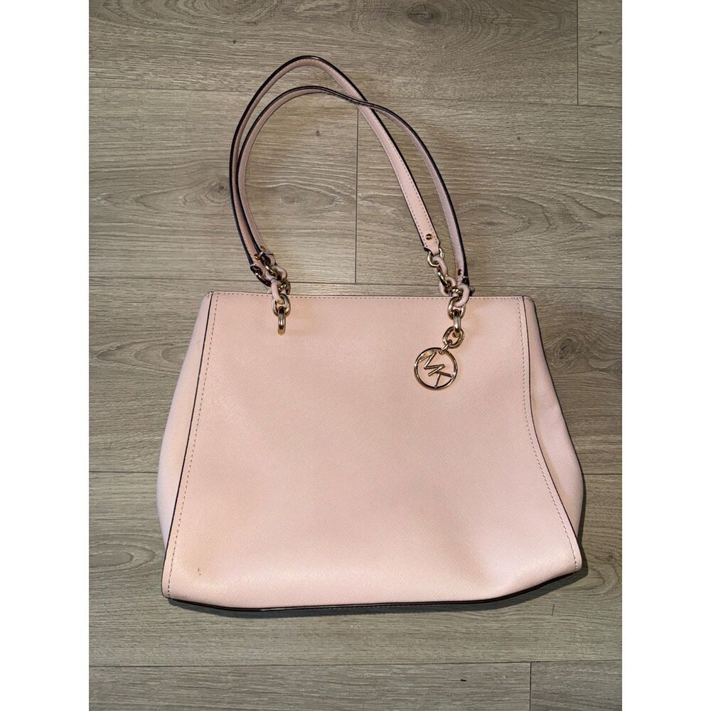 Michael Kors Blush Pink Saffiano Structured Tote Satchel MK Charm Gold Tone